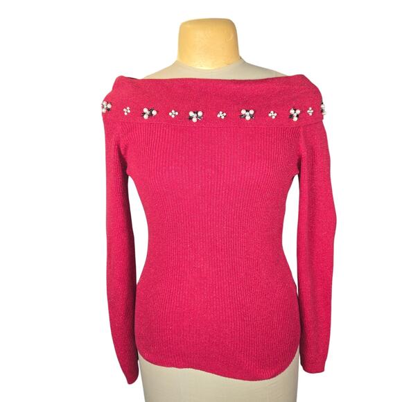 Lauren Michelle Sweaters - Lauren Michelle S Red Off Shoulder Embellished Sweater Beaded Knit Top Holiday